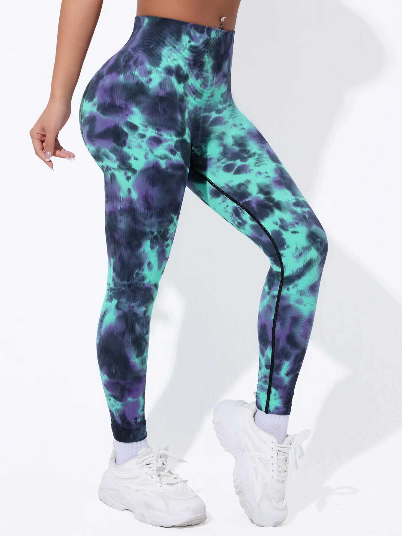 Womens seamless tie dye high V-waist yoga pants push up tight fitness legsC250425