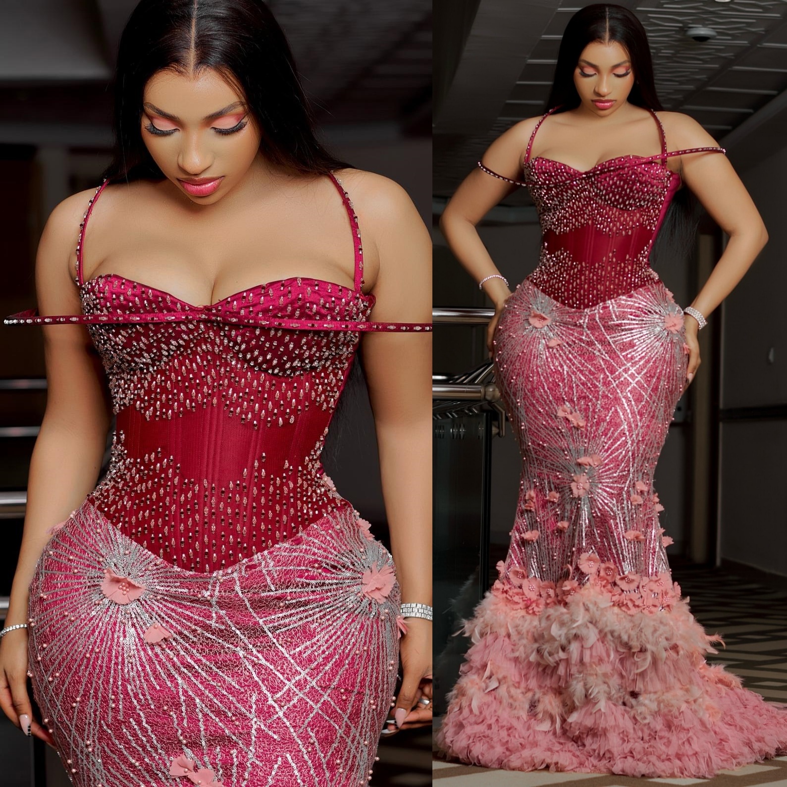 Burgundy Mermaid Plus Size Prom Dresses 2025 Feather Crystals Beaded Sequined Evening Formal Party Second Birthday Engagement Gowns Dress For Special 