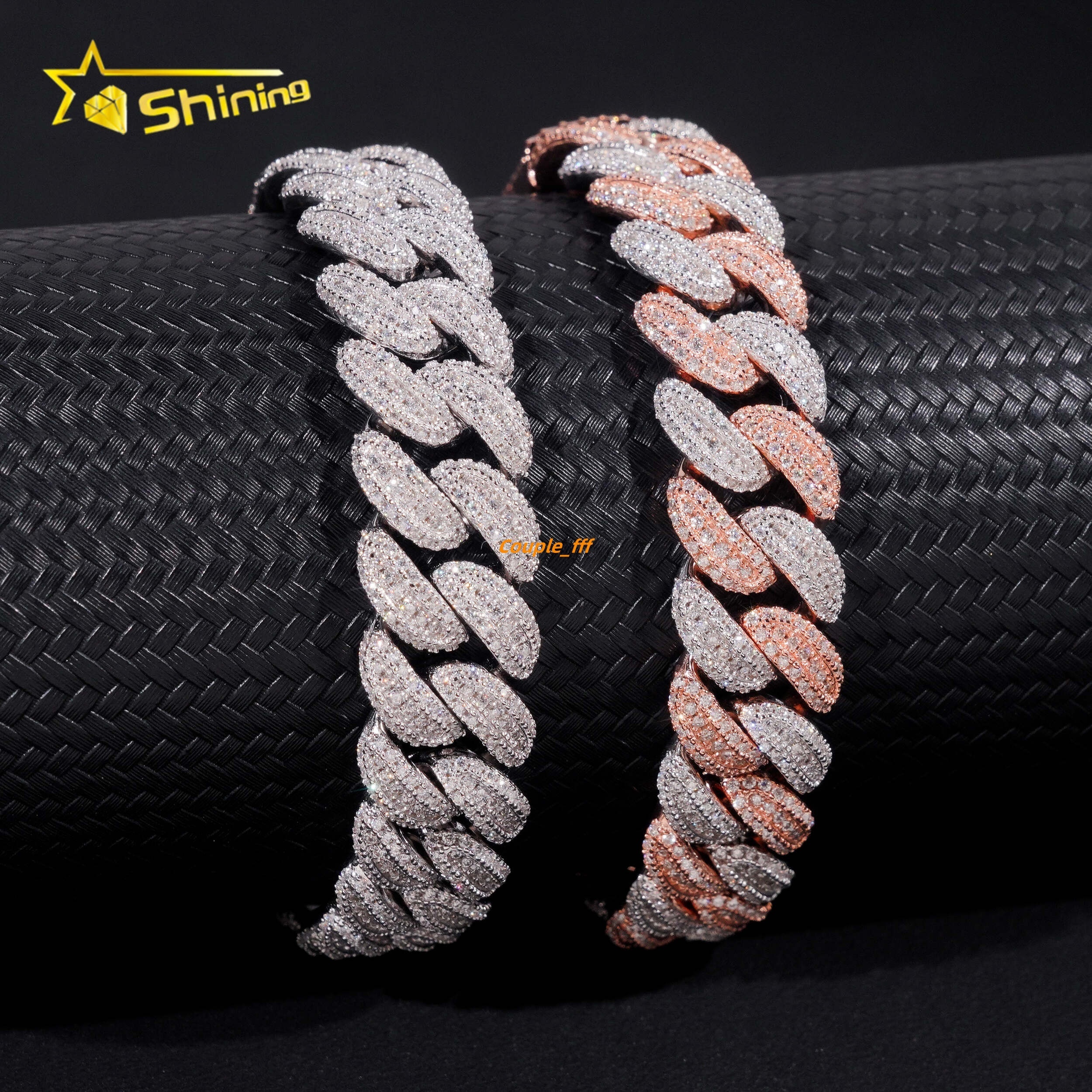 Hip Hop High Quality Iced Out Moon Shape 925 Silver Two Tone 13mm Moissanite Cuban Link Bracelet