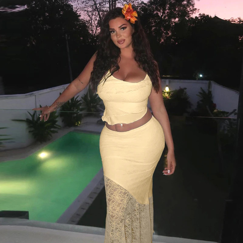 Tuularose lace camisole long sleeved set summer transparent backless pregnant two-piece sexy beach vacation long sleeved set 250422