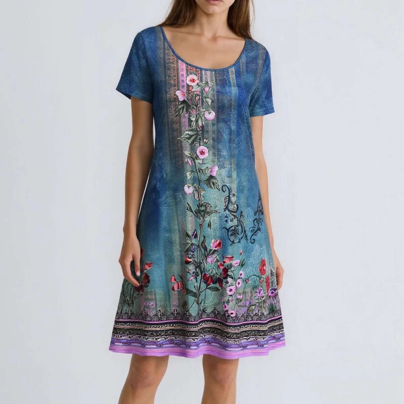 Dongdumaoyi Women S Short Sleeve Crew Neck Dress Bohemian Floral Summer Fitted Dresses For Knee Length Beach