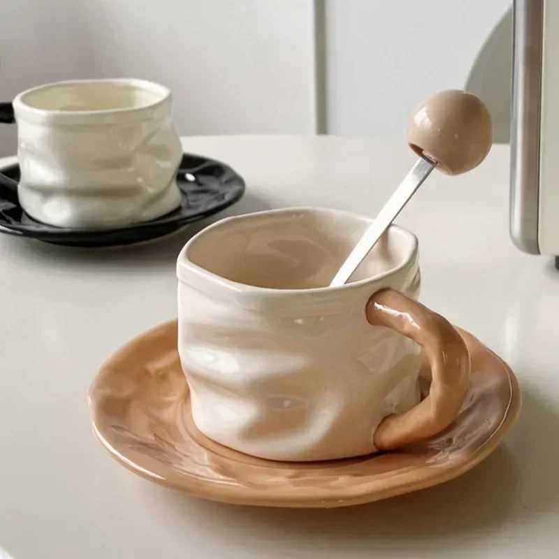 230ml Ceramics Mug Exquisite Pleated design Ceramics Coffee Cup and Saucer Set European style Afternoon tea cup Romantic gift Y251125