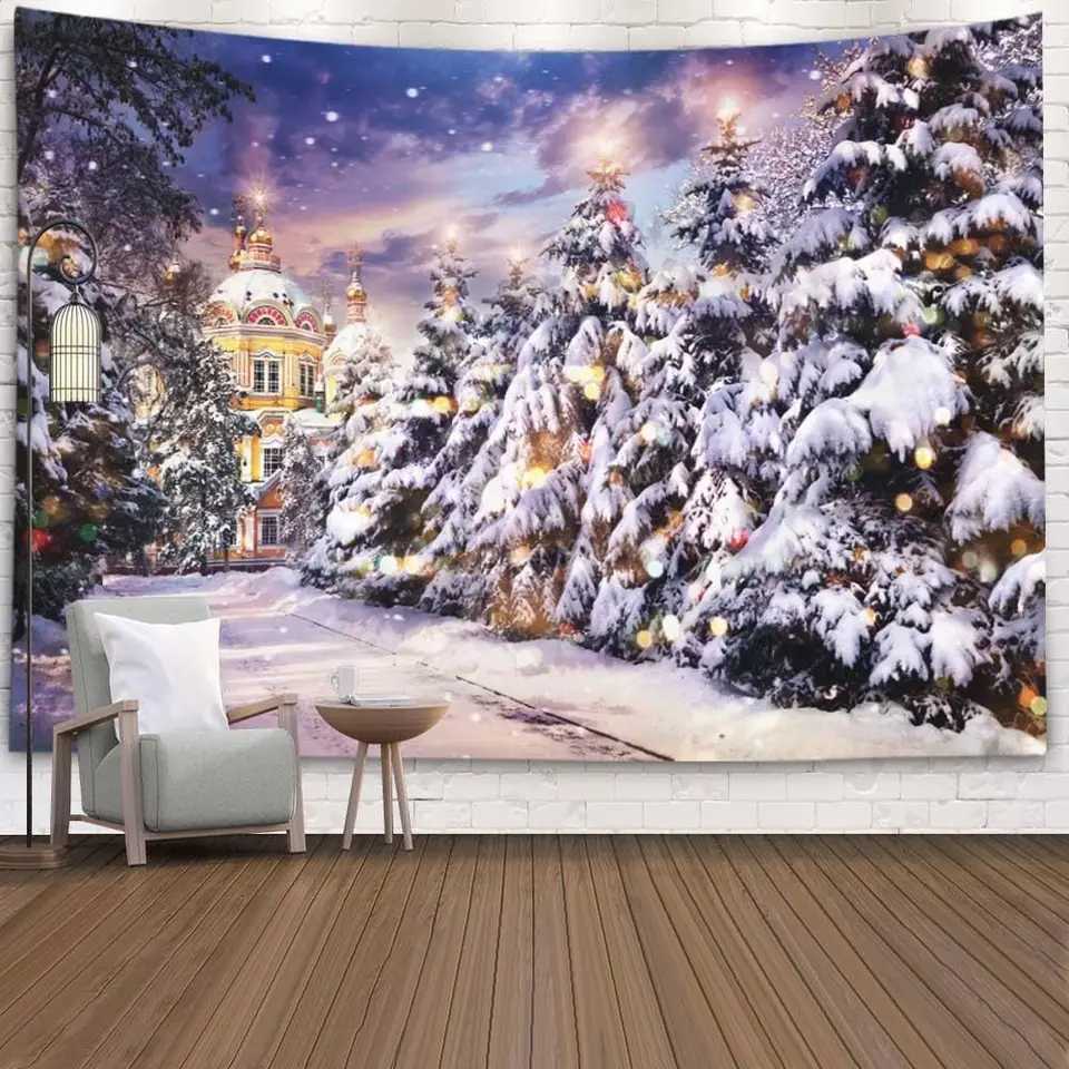 Cozy Winter Wonderland Christmas Tapestry - Church and Snow-Covered Pine Trees Scene Large Wall Art for Bedroom Living RoomM251125