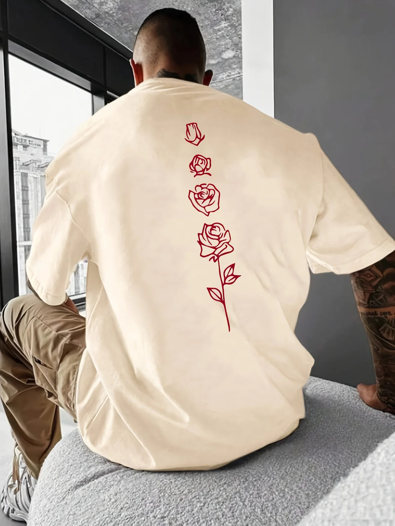 Mens Summer Loose Set 100 Cotton Rose Pattern Printed T-shirt Top 250423