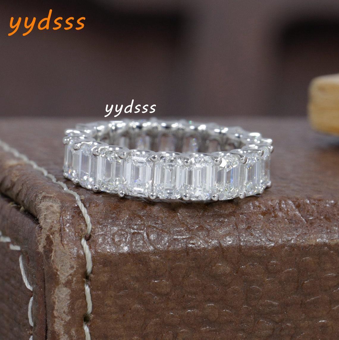 Jewelry 18K White Solid Gold Lab Grow Diamond EF Color 4.5*3.2mm Emerald Cut Full Band Eternity Ring HPHT CVD Diamond Stackable Ring