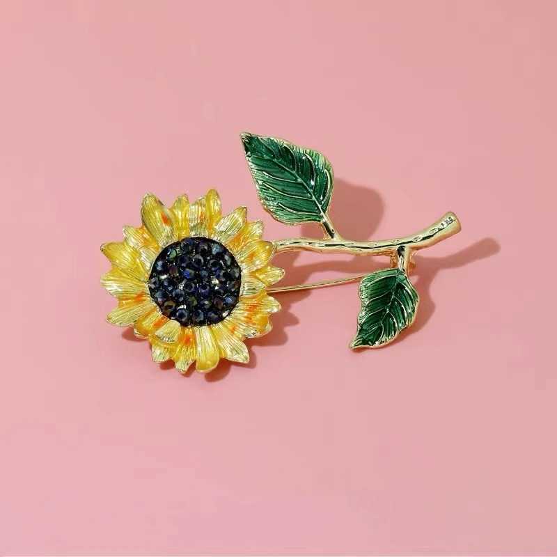 Wulibaby Enamel Sunflower 2 Leaf Brooch Pins For Women Fashion Jewelry 2021New Plant Brooches Gift J251125