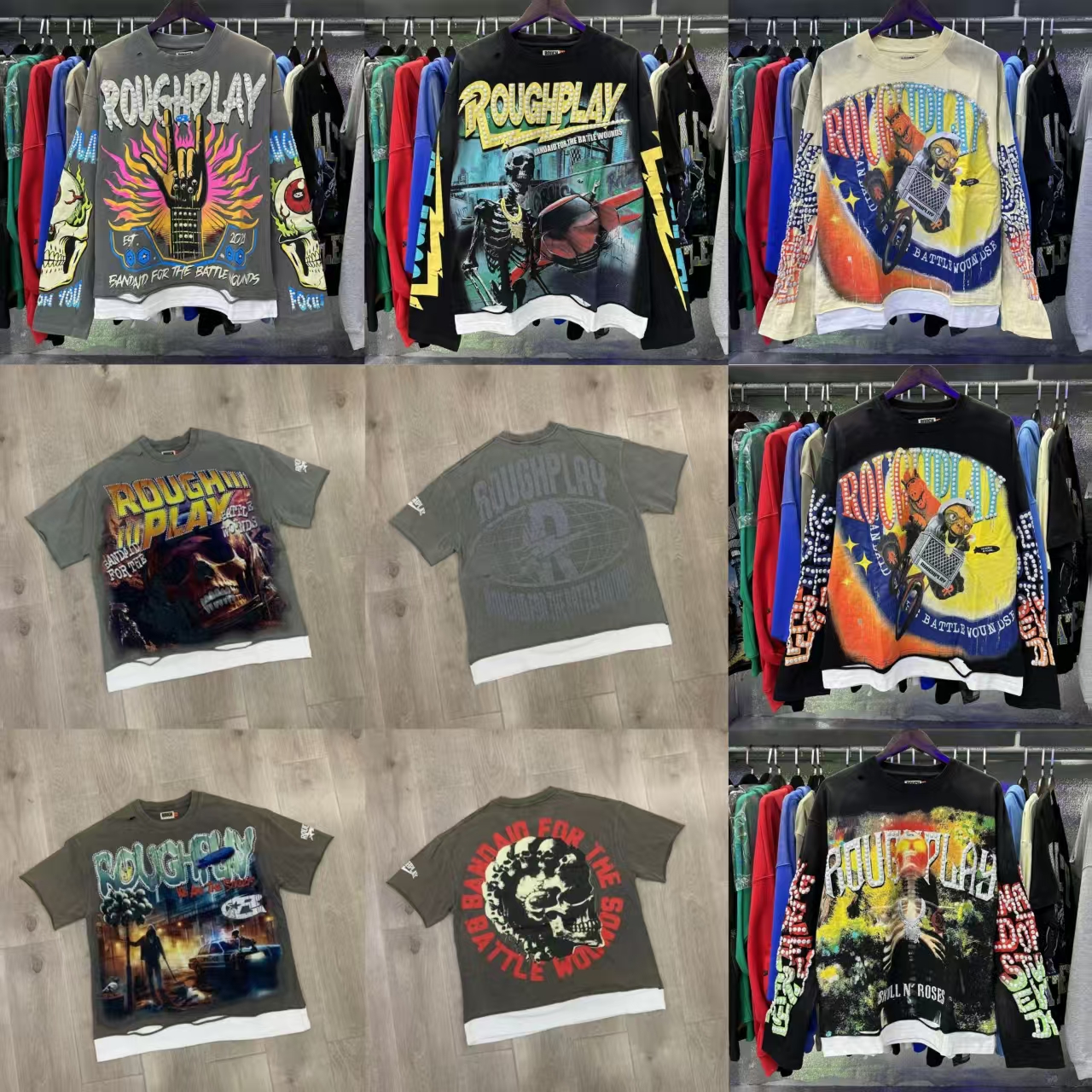 roughplay rockout shirt designer men shirt Fashion Washed Hole distressed Diamond patchwork short-sleeved Designer Hoodies with Bold Logo Mens T shirts Pai Custom