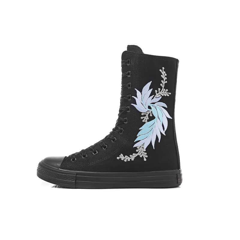 Spring new color lace-up side zipper medium tube embroidered canvas flat inner heightening casual large size women's shoes