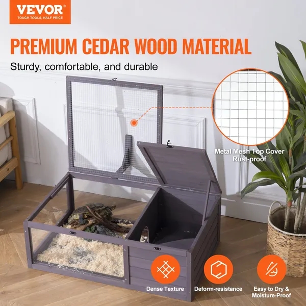Tortoise Habitat Wooden Tortoise House Indoor & Outdoor 2-Room 38x24x13in