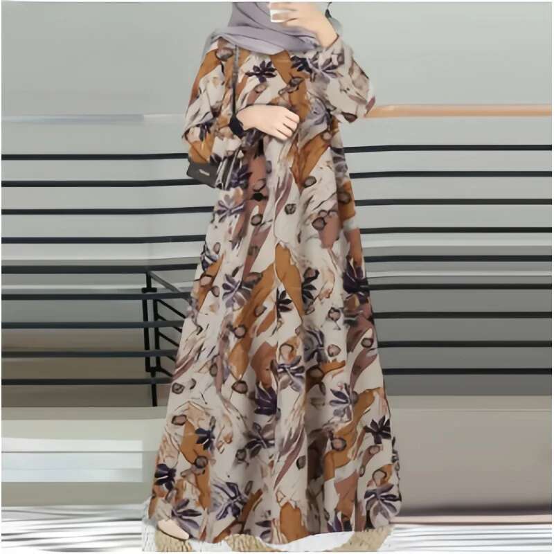 Dongdumaoyi New Style Long Robe Printed Middle Eastern Muslim Malay Full Sleeve Round Neck Dress W