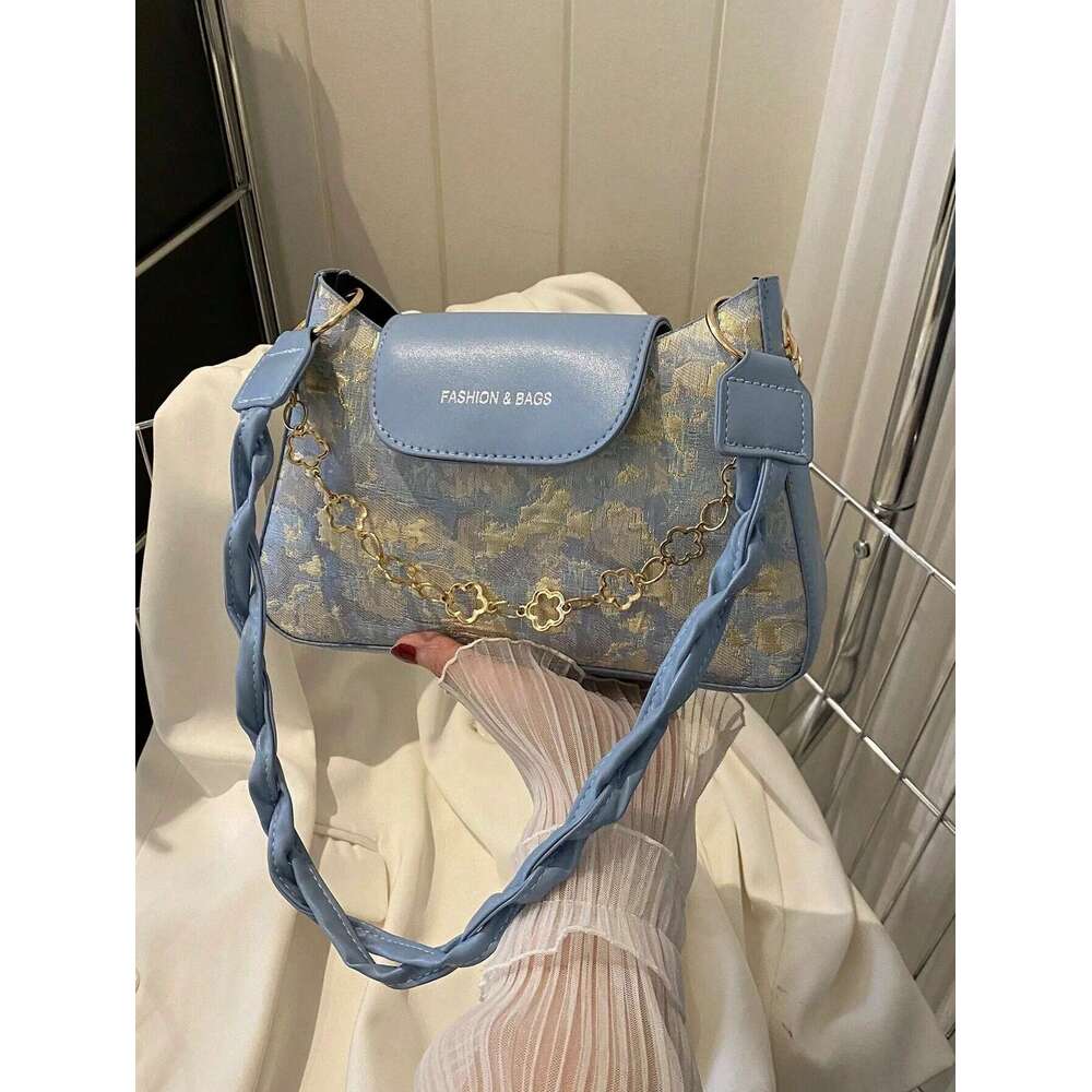 Vintage Decoration Women's Single Flower Pattern Shoulder Bag For Women, Chain Decor Underarm Purse