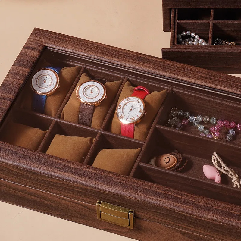 DELESYS Multi-layer large capacity vintage wood grain leather exquisite dust-proof watch jewelry double collection storage box 250424