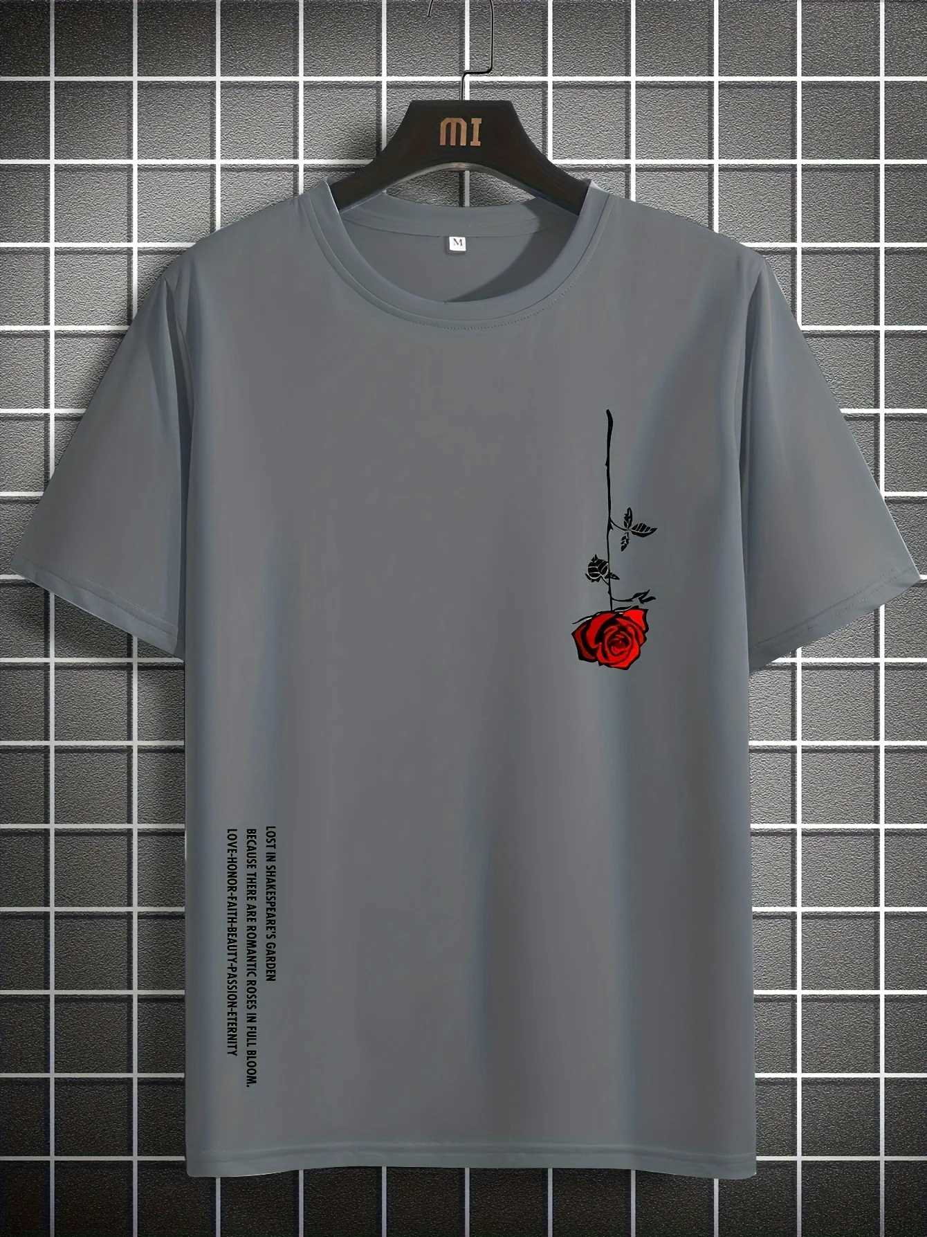 Mens summer loose fit 100% pure cotton rose print casual slim fit round neck short sleeved T-shirt top W250425