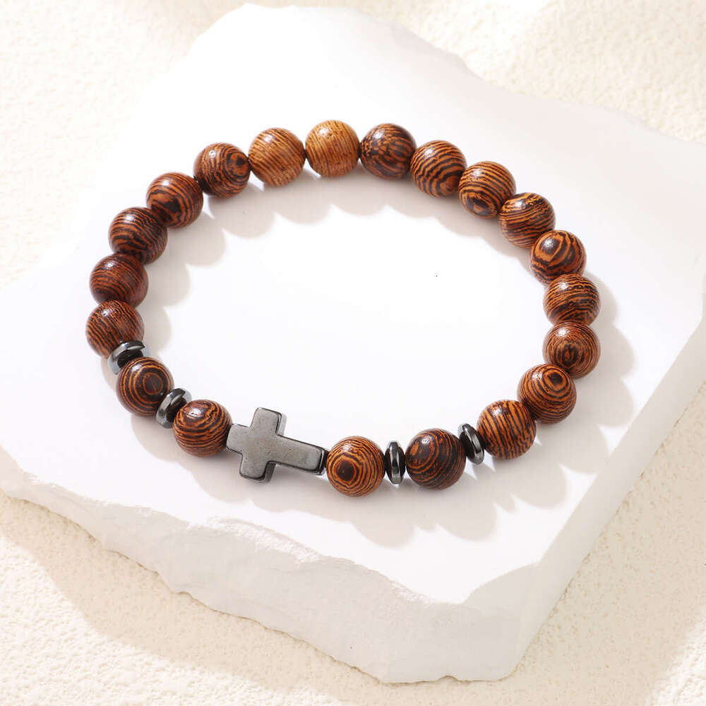 Black Gallstone Cross Beaded Men's Wood Grain Bracelet New Jewelry