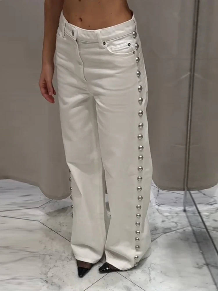 er Metal Rivet Womens Denim Pants Straight Pocket High Waist Jeans Trousers Retro Distressed Dragging Pants 250422