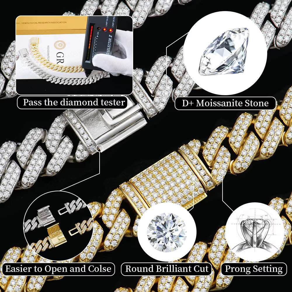 Stock Available 925 Sterling Silver Hip Hop Full Iced Out Moissanite Diamond 12mm Rhombic Style Cuban Link Chain Men Bracelet