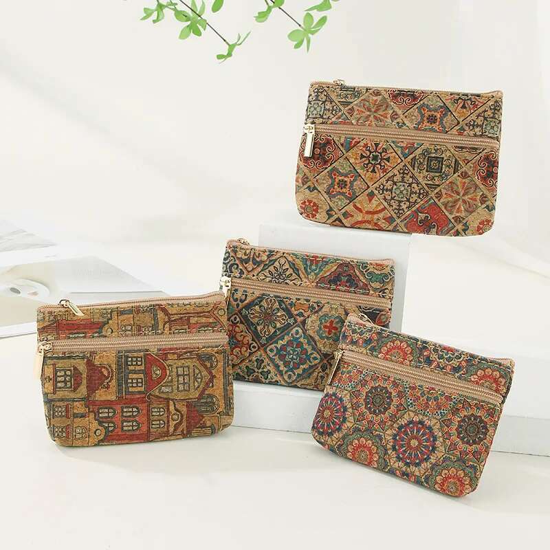 Vintage Fashion Cork Grain Printing Coin Purse Small Wallet Money Key Storage Wood Casual Nostalgic Double Zipper Clutch Bag