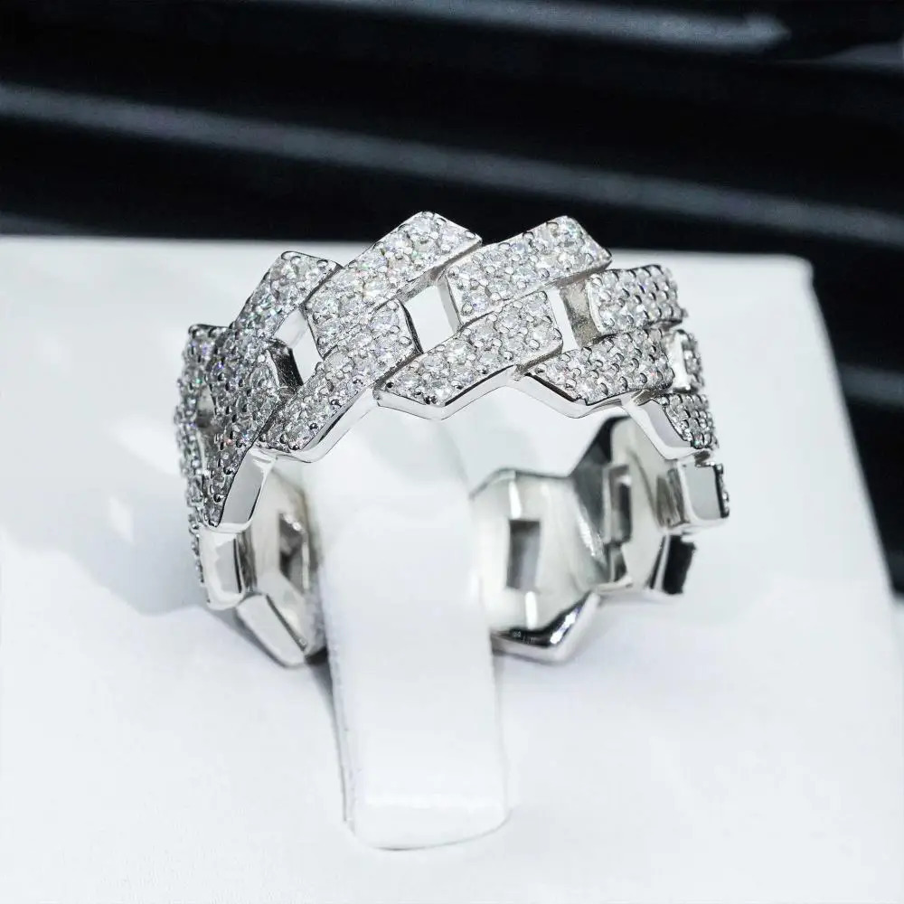 HOYON Real 925 Silver Ring VVS D Color Diamond Cuban Chain Ring for Men Women Hip Hop Fine Jewelry Birthday Gifts 250425