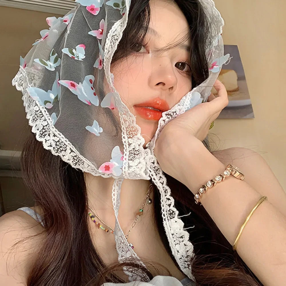 Cute Butterfly Lace Triangle Hair Scarf Suitable for Women White Bandanas Hair Spring and Summer Headwear Girl Hair Accessories 250423