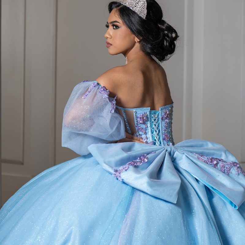 Sky Blue Shiny Quinceanera Dresses Off Shoulder Ball Gown Sweet 16 Dress Applique Flower Beads Birthday Party Vestidos 15 De Anos