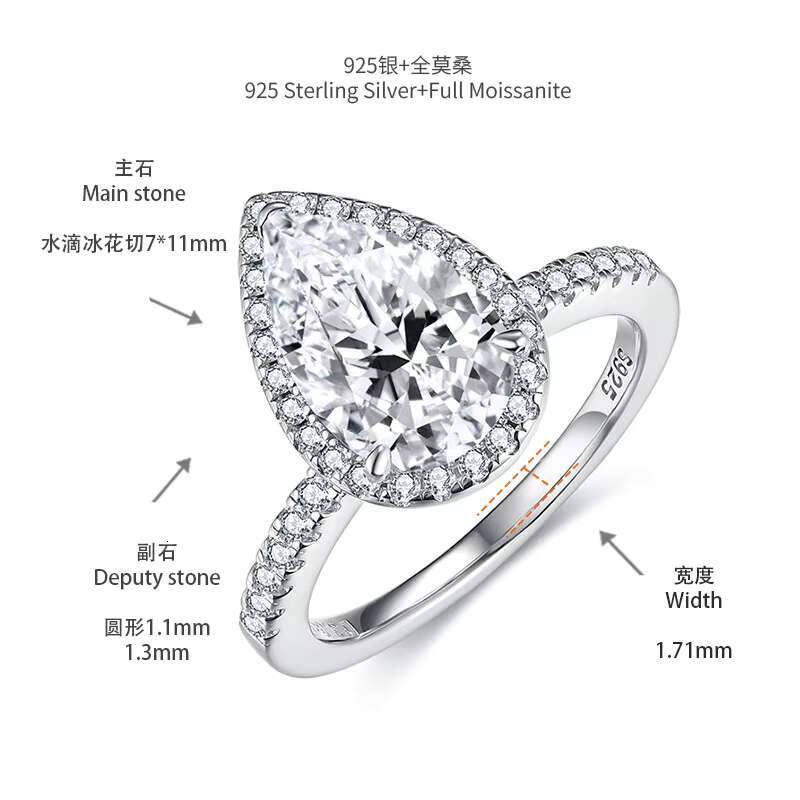 De 925 Silver Water Drop Moissanite Ring VVS Pear Shape Full Moissanite Ring 18K White Gold Plated 7*11mm Pear Moissanite Rings