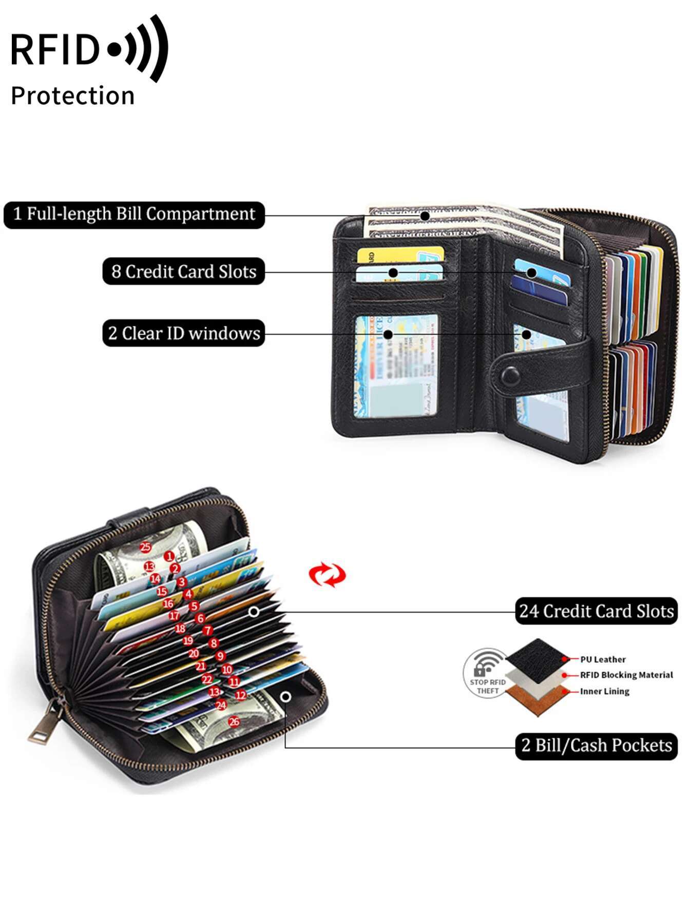 MIYIN Retro Large Capacity RFID Shielded Women's Short Slot Organ Credit Card Bag Multi Functional Zero Wallet