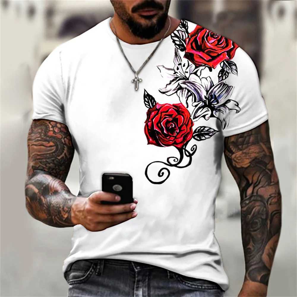 2023 summer mens T-shirt 3D graphic bright rose print retro mens T-shirt womens casual short sleeved O-neck streetwear W250425