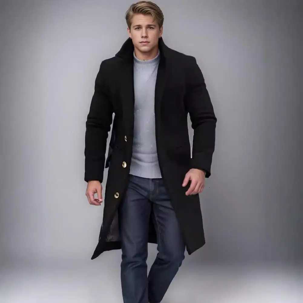 Woolen Coat Men Jacket Elegant Mens Woolen Coat With Lapel Pockets Single Breasted Long Sleeve Jacket Solid Color For WinterT251125