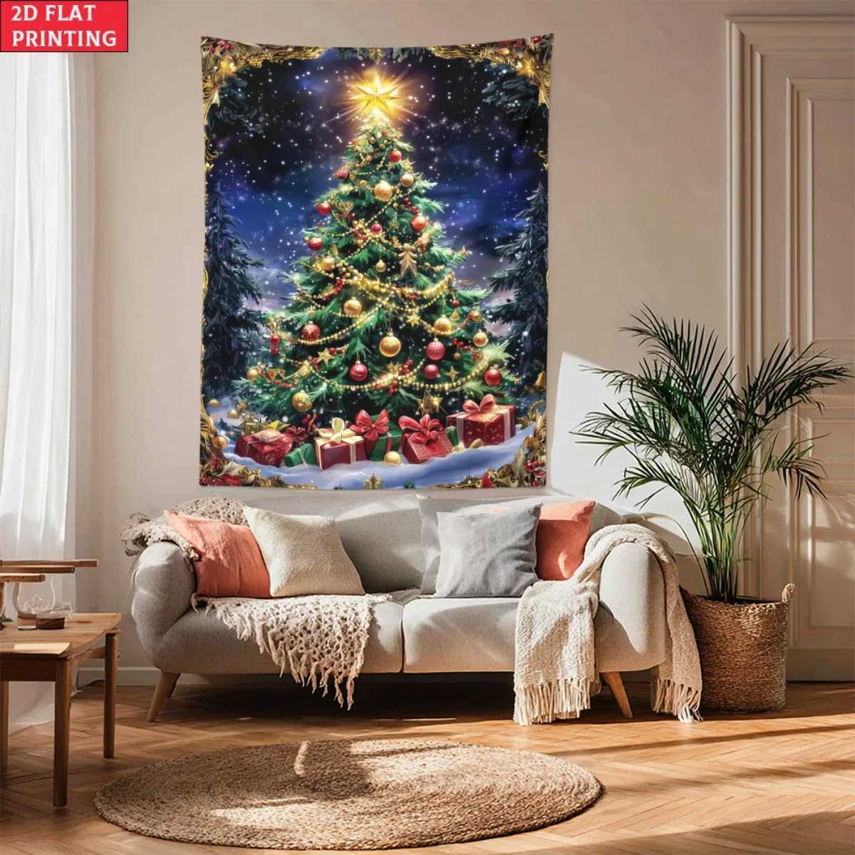 Christmas tree holiday wall tapestry festive decor winter scene Xmas gift background holiday art print 2D flat printingM251125