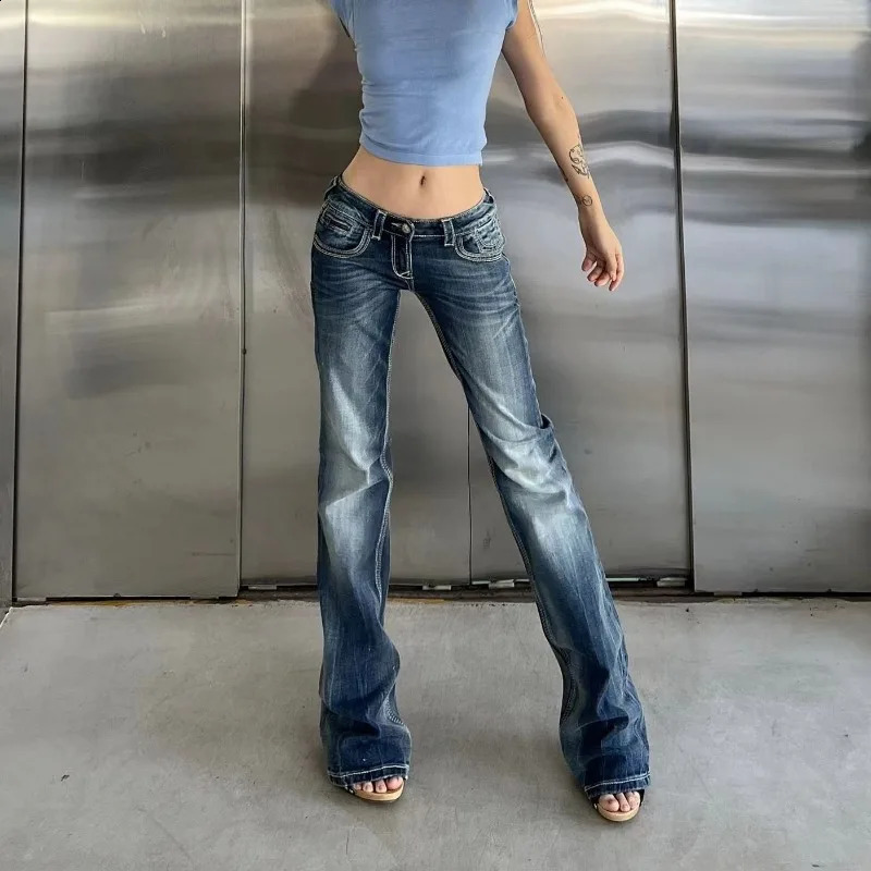 Womens Gyaru Japanese Harajuku Garbage Y2K Jeans Low Rise Shining Denim Pants 2000s Clock Bottom Pants Kpop Retro Ultra Thin Pants 250422