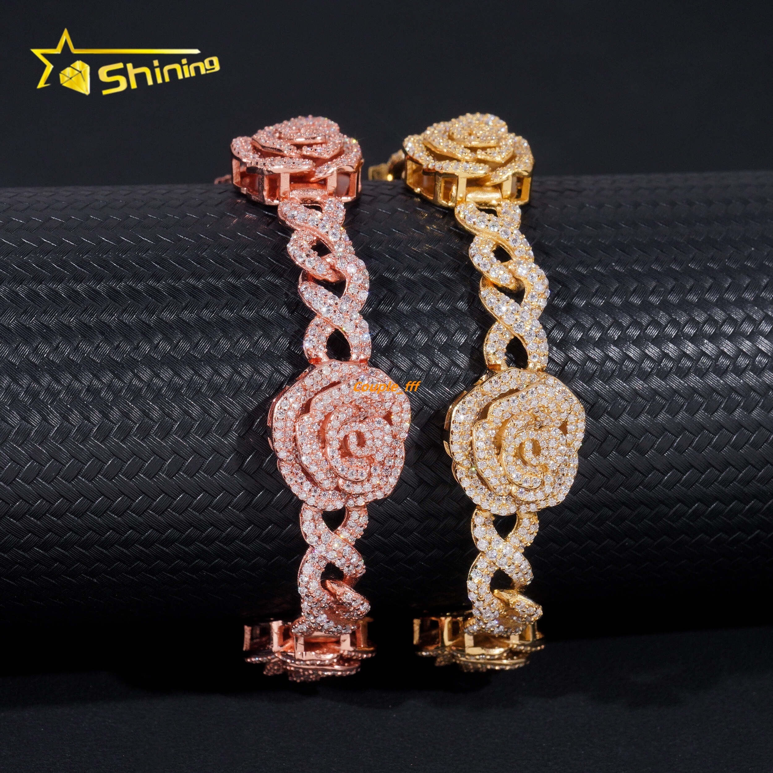 Romantic Rose 3D Gold Plated Iced Out 16mm 925 Sterling Silver Hip Hop Infinity Link Bracelet
