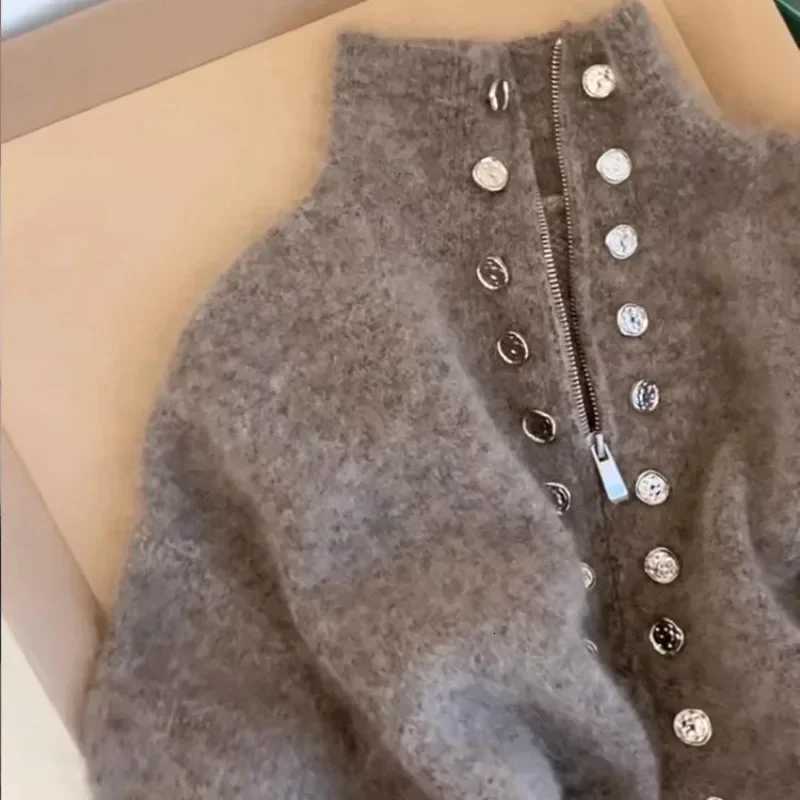Luxury Fluffy Knitted Cardigans Sweater Design Double Breasted Sweater Coat Women Autumn Winter High-end Lazy Zipper Knit TopT251125