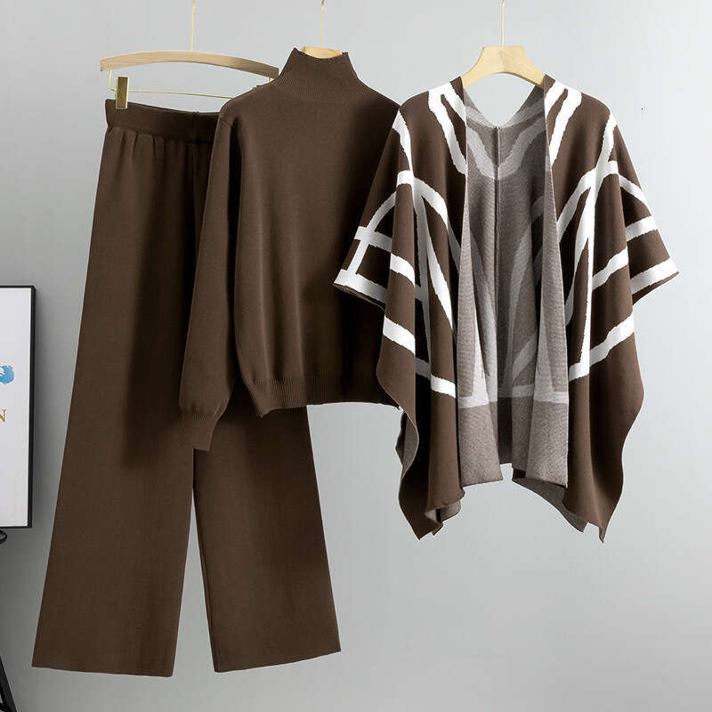 Casual Suit Womens Autumn and Winter New Temperament Socialite Lazy Style Knitted Sweater Shawl Cape Wide Leg Pants Three Piece Set Solid Popular New 