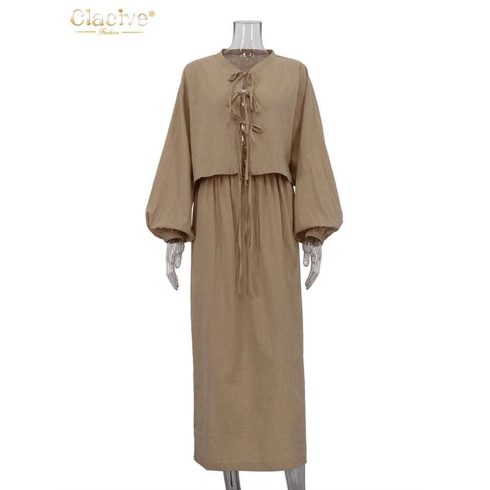 Clacive Casual Loose Khaki Cotton 2 Piece Sets Women Outfit Fashion Puff Sleeve Lace-Up Shirt With High Waist Long Skirts Set