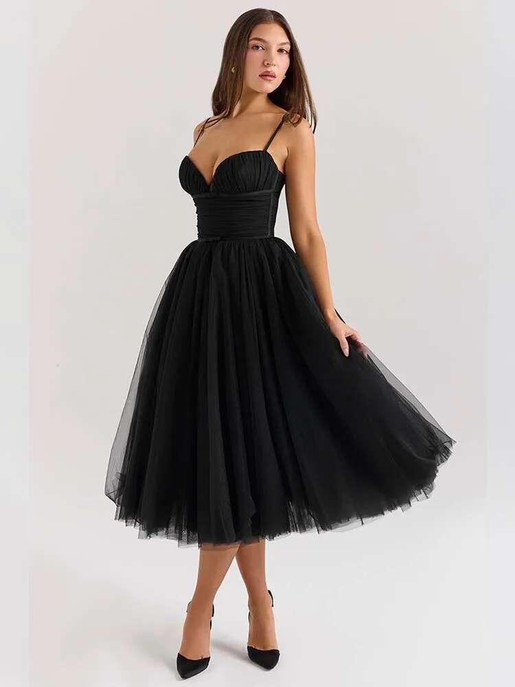 Dongdumaoyi Townlike A Line Pleated Ball Gown Dress Women Spaghetti Strap Spring Summer Nightclub Sexy Party Midi Long Dresses