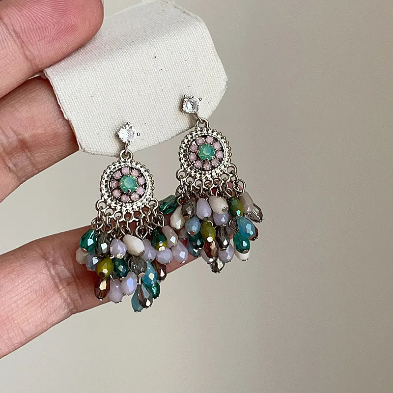Minar Bohemian multicolor crystal Miyuki Strand tassel Rhinestone round pendant earrings suitable for womens casual beach jewelry 250422