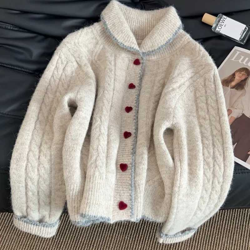 Autumn Winter Womens Long Sleeve Peter Pan Collar Knitted Cardigan Fashion Sweet Women Loose Vintage Cute Jackets Heart ButtonsT251125