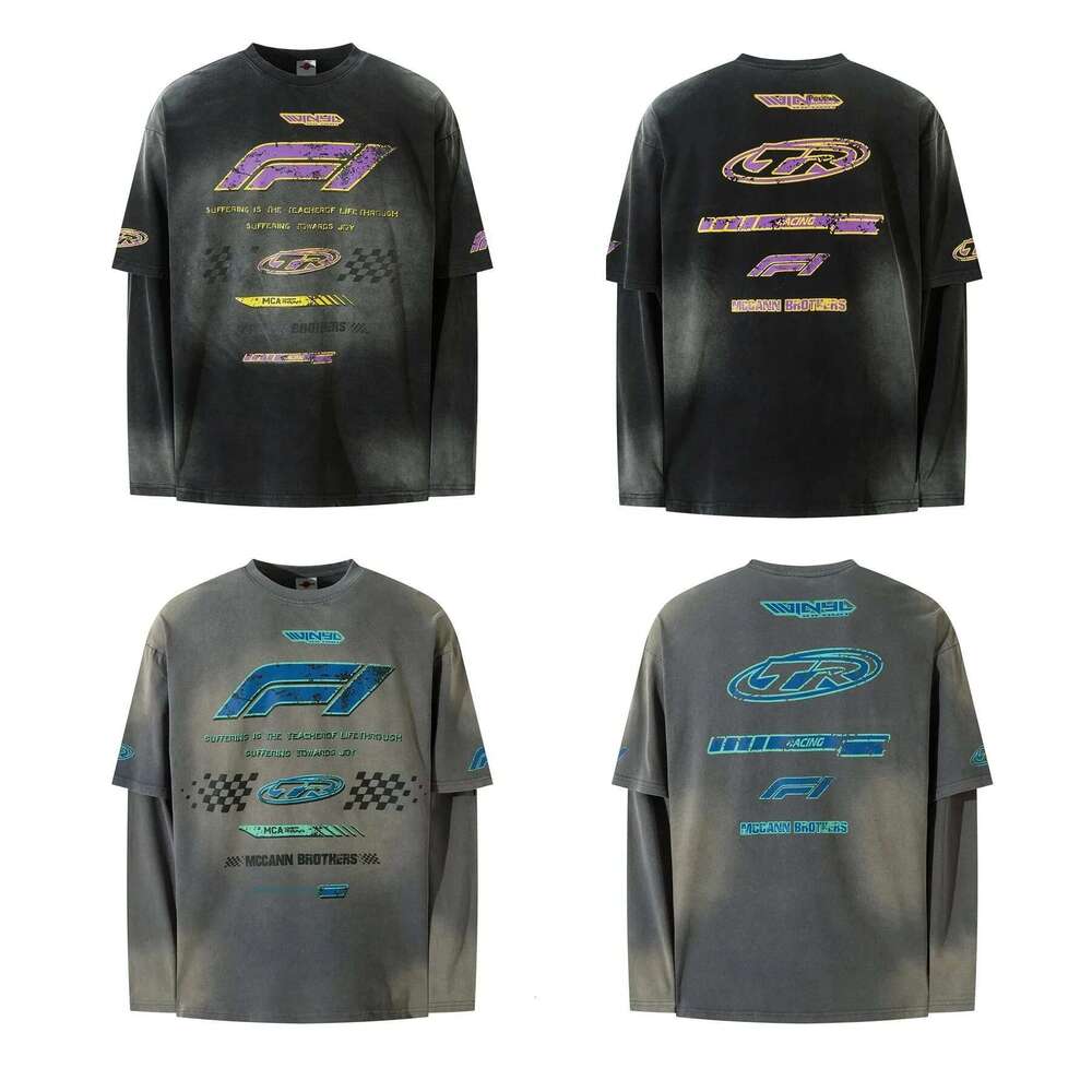 Hand-Painted Long Sleeve T-Shirt Unisex Vintage Crew Neck Top Fake Two-Piece Set High Quality Man Gifts Designer T Shirt