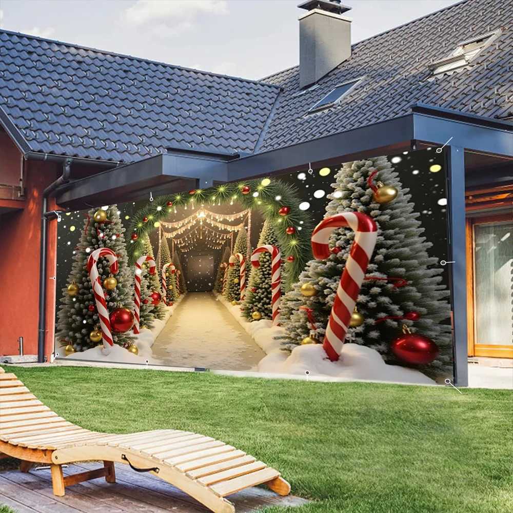 Snow Winter Christmas Garage Door Cover Banner Candy Cane Xmas Tree Backdrop Xmas Home Yard Wall Indoor Outdoor Party Decor M251125
