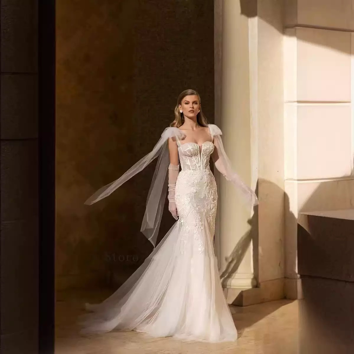 Straps Mermaid Boho Wedding Dresses With Detachable Train Beaded Lace Appliques Long Ivory Beach Bridal Gown Sleeveless Tulle Vestido De Novia