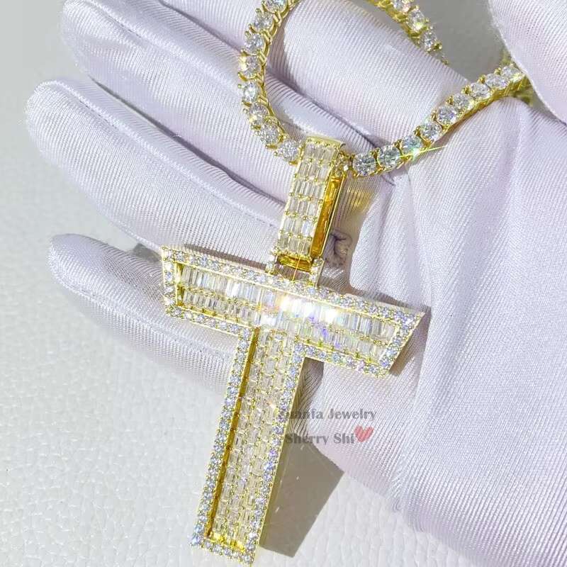 Yellow Gold Baguette Cut Letter Pendant Custom Name Chain VVS Moissanite Diamond Initial Necklace