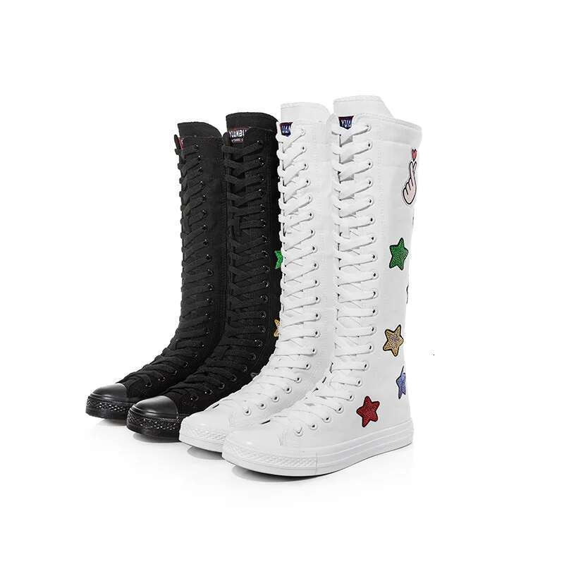 Spring new long lace-up sequin embroidered canvas shoes high soft-sole plush boots flat heightening couple large-size women shoe