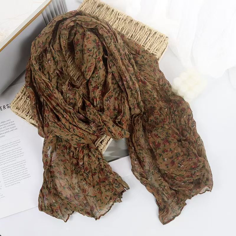 T545 small fresh natural small floral wrinkled cotton and linen texture scarf versatile silk scarf shawl autumn and winter fashion women's neck s