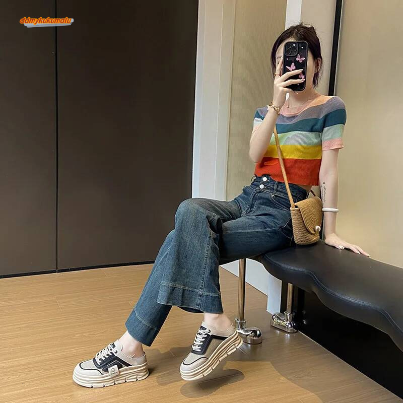 Solid Color Fashionable Breathable Soft Women's Slippers White Student Casual Shoes Multifunctional Semi Drag Thick Sole ddmykukumalu