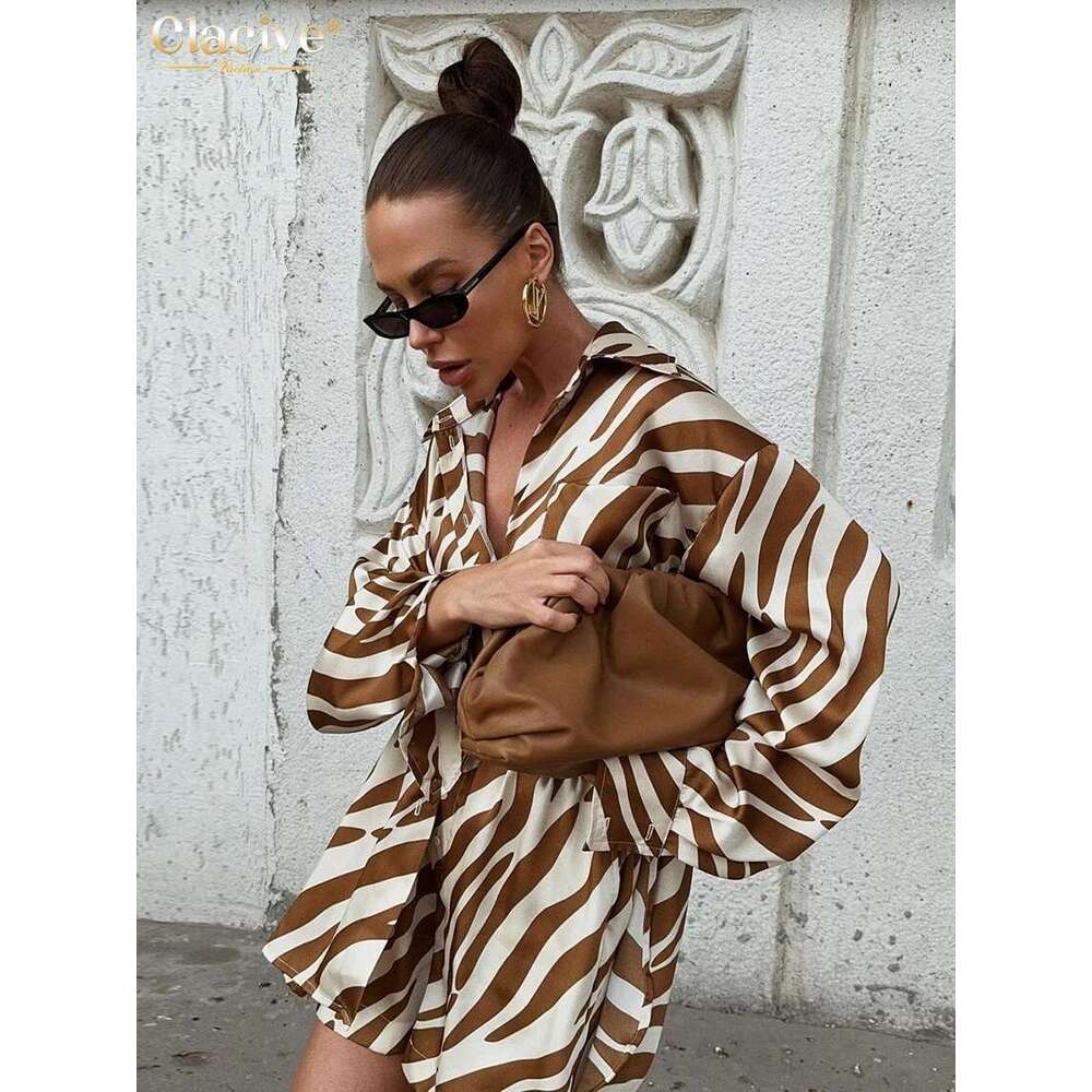 Clacive Fashion Loose Stripe Print 2 Piece Sets Women Outfit 2024 Elegant Long Sleeve Shirt With High Waist Shorts Set Female