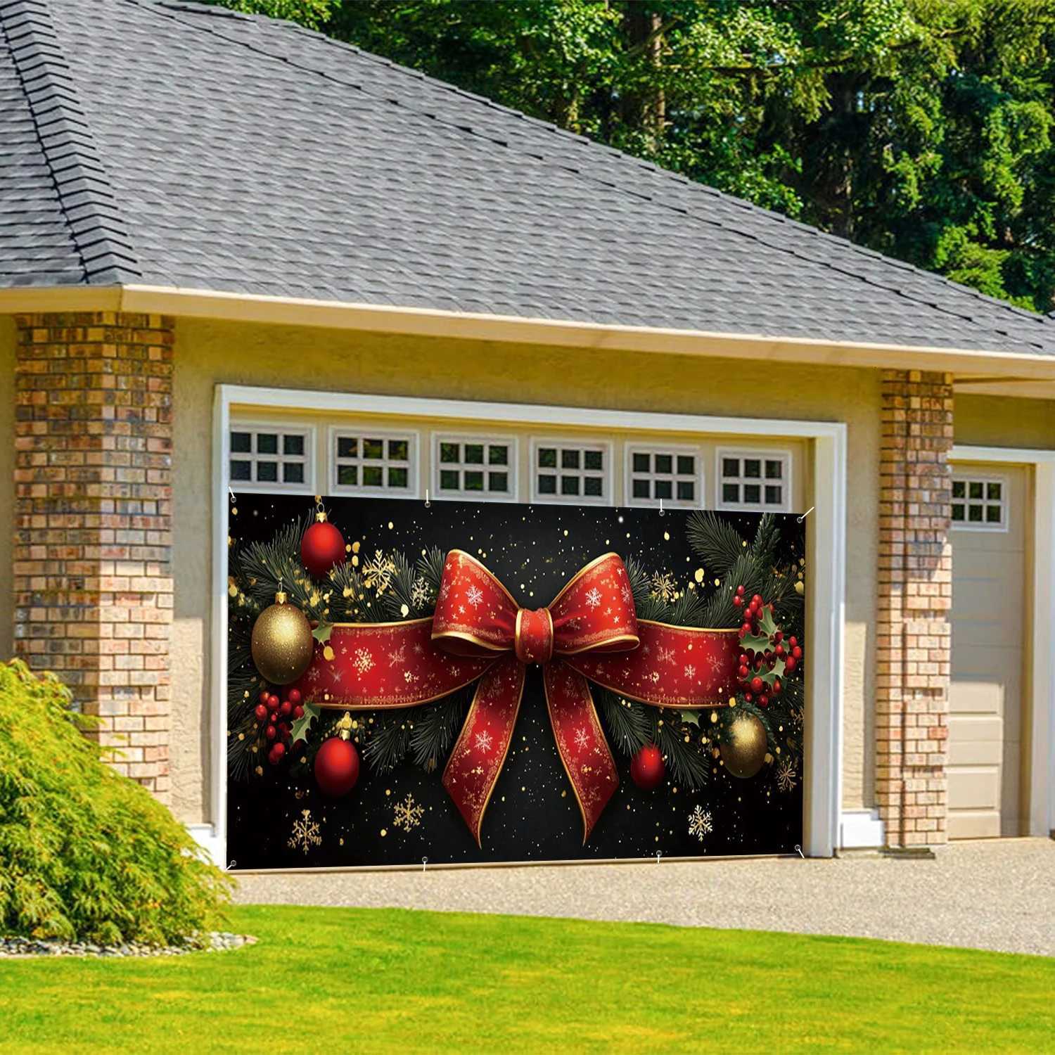 Luxury Christmas Garage Door Background Red Bows Ornaments Merry Christmas Party Holiday Outdoor Large Banner Decor BackdropM251125