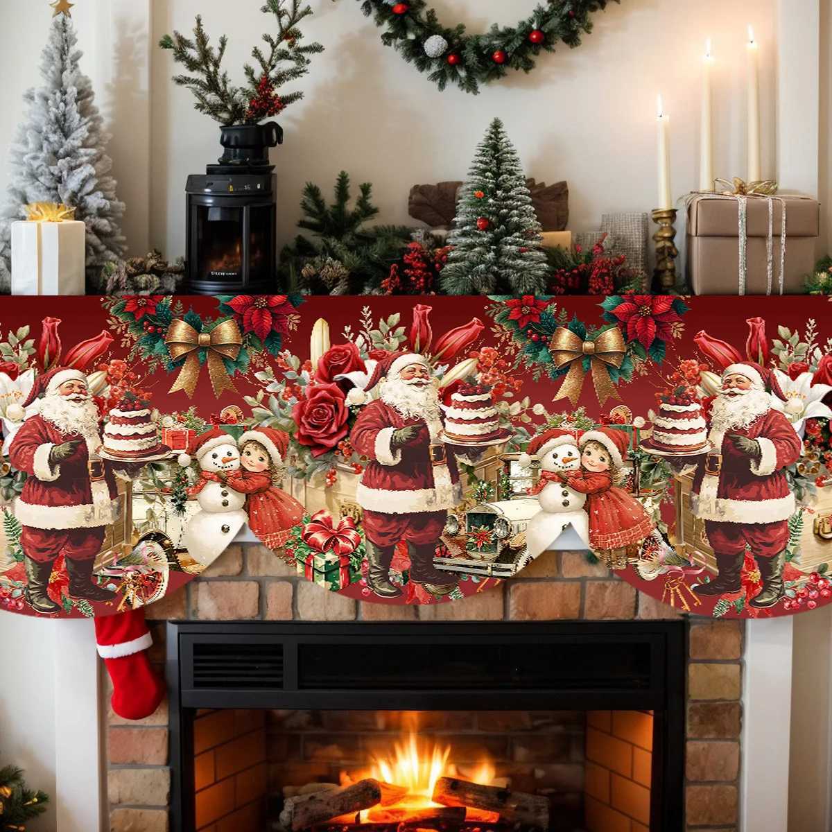 1 Piece Christmas Themed Fireplace Scarf with Santa Claus Bow Snowman and Floral Pattern Atmospheric Fireplace DecorationM251125