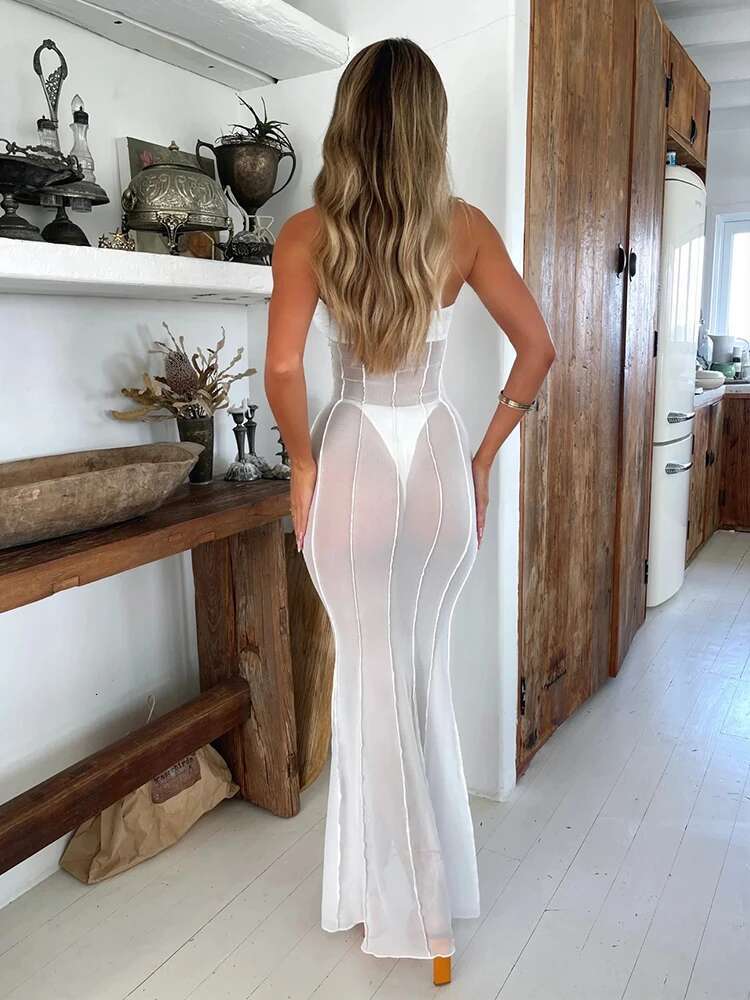Dongdumaoyi Townlike Perspective Mesh Elegant Maxi Long Dress Women Slim Bodycon Summer Backless Nightclub Sexy Party Dresses