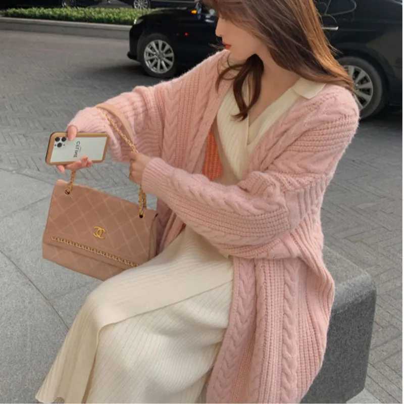 Autumn Womens Knitted Cardigan Sweater Korean Solid Color New V-neck Loose Long Jacket Elegant Office Lady Knit TopT251125