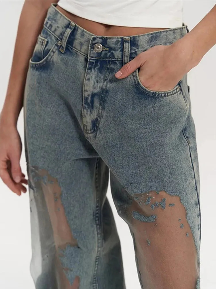 Womens extreme torn denim jeans high waist straight leg Gothic dark pocket pants fashionable hiphop streetwear 250417